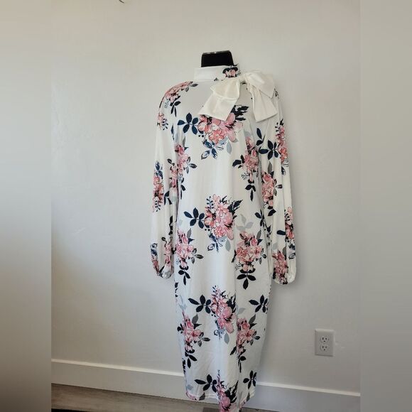 White Pink Floral Midi Dress Bow Feminine Coquette Derby Garden Tea Party XXL - Picture 7 of 15